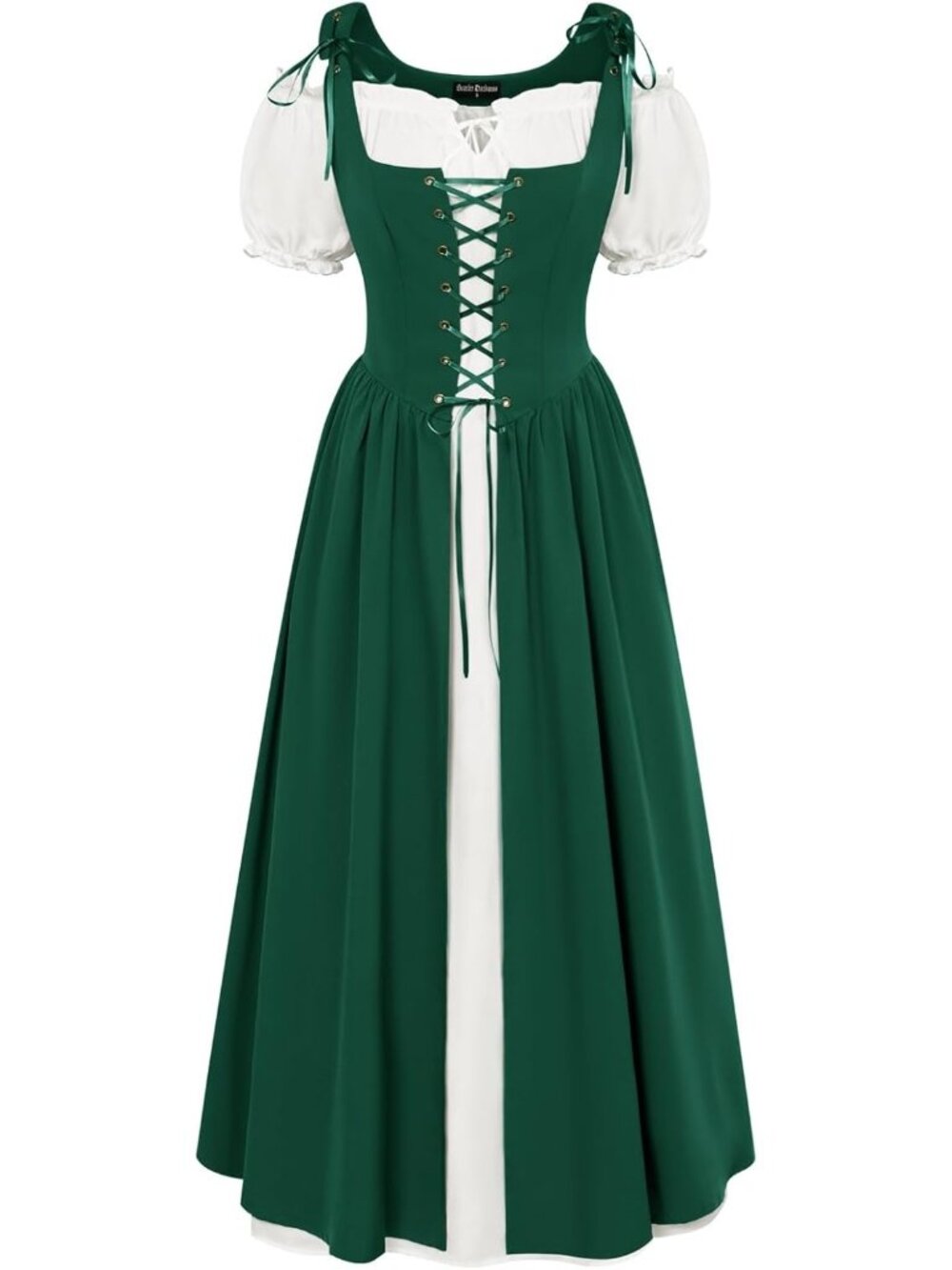 Women's Dark Green Short Sleeve Peasant Medieval Pockets Maxi Costume Dress